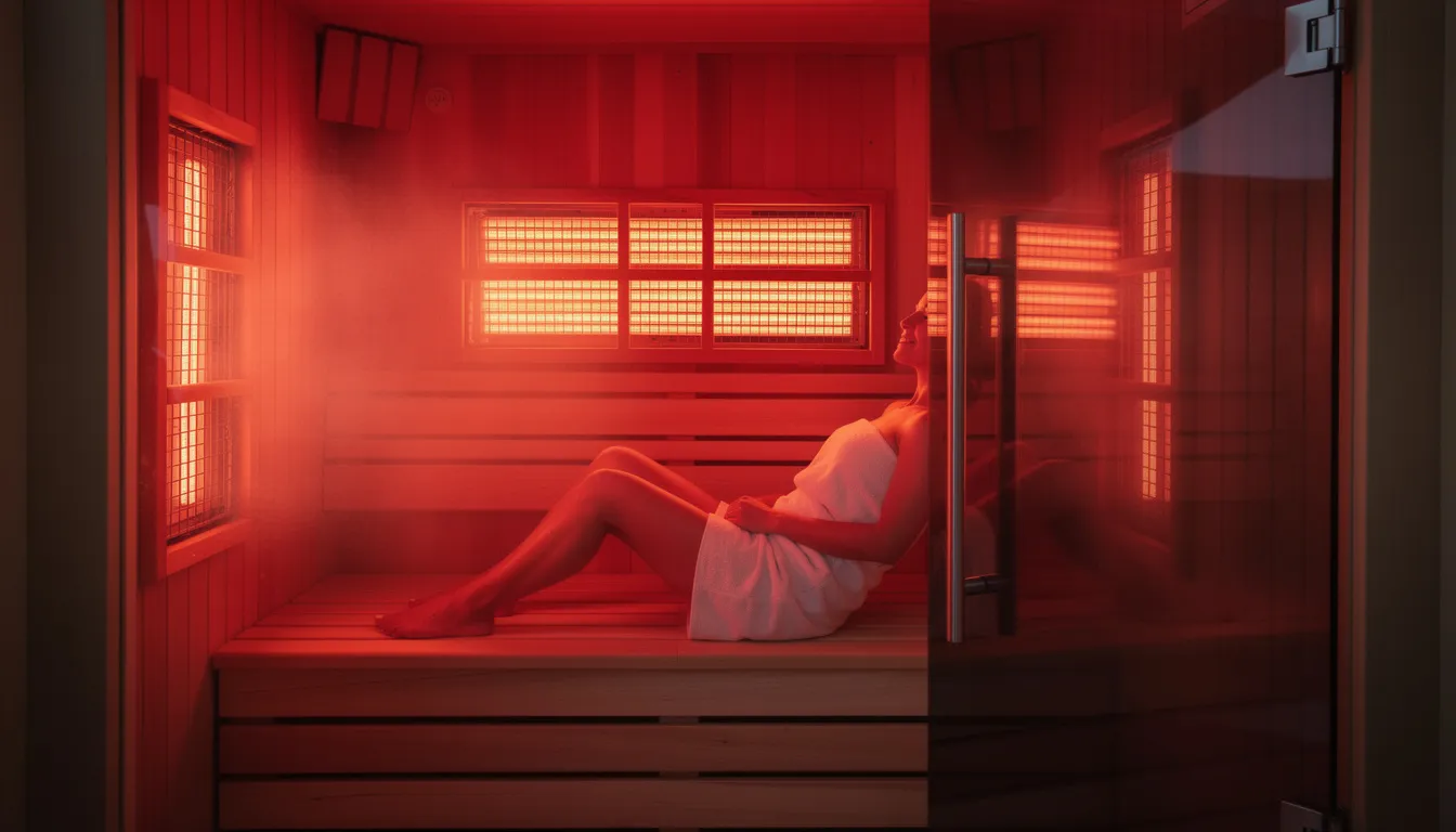 Infrared sauna interior with red light therapy panels glowing