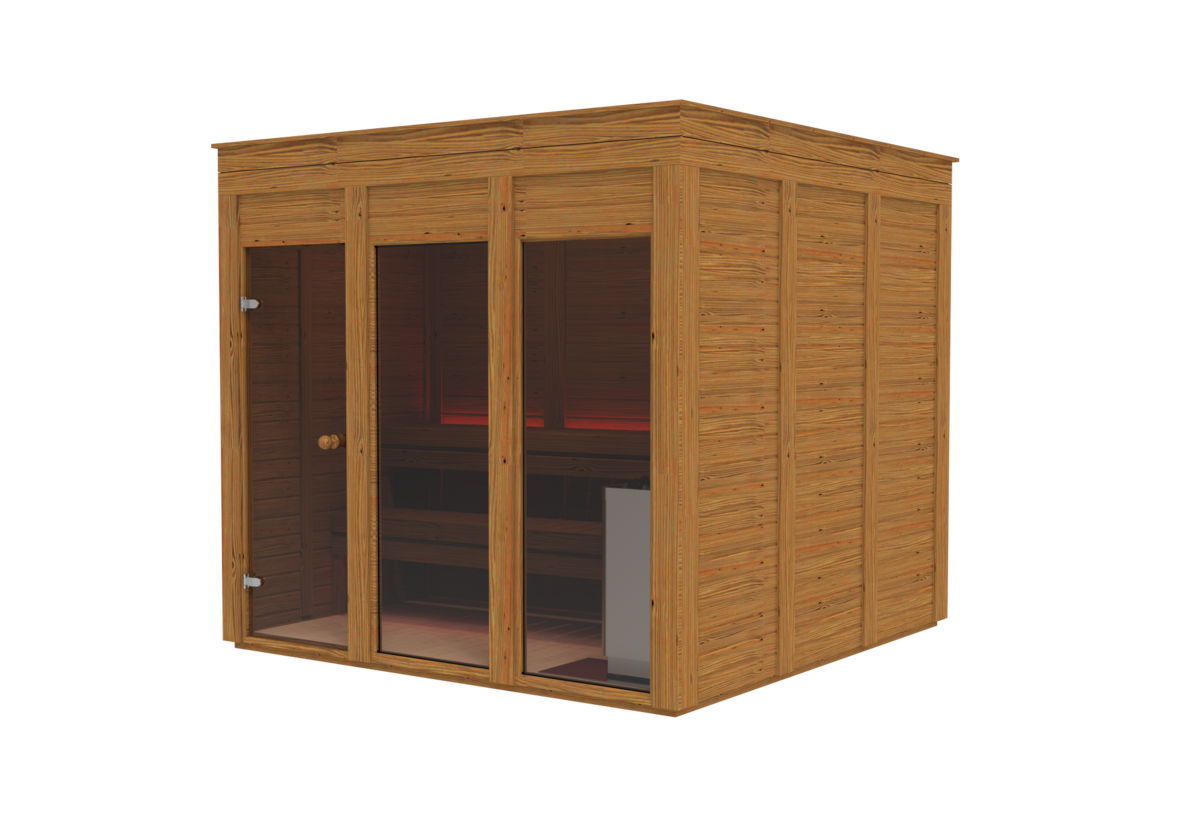 Recosauna Havu Eco Modern outdoor Finnish sauna in Thermowood with glass front