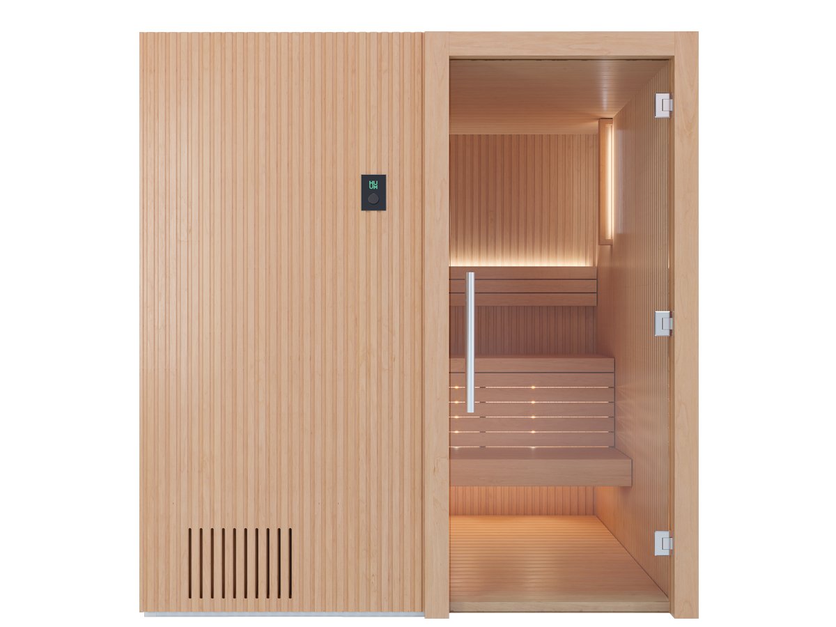 Recosauna Libera Wood indoor sauna in light alder with a glass door