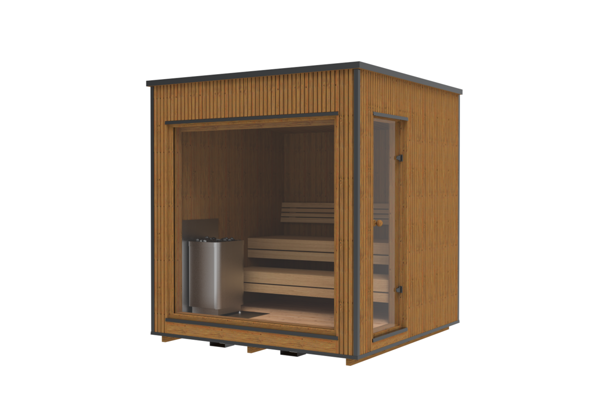 Recosauna Lumi Luxury Modern outdoor Finnish sauna in Thermowood with expansive glazing