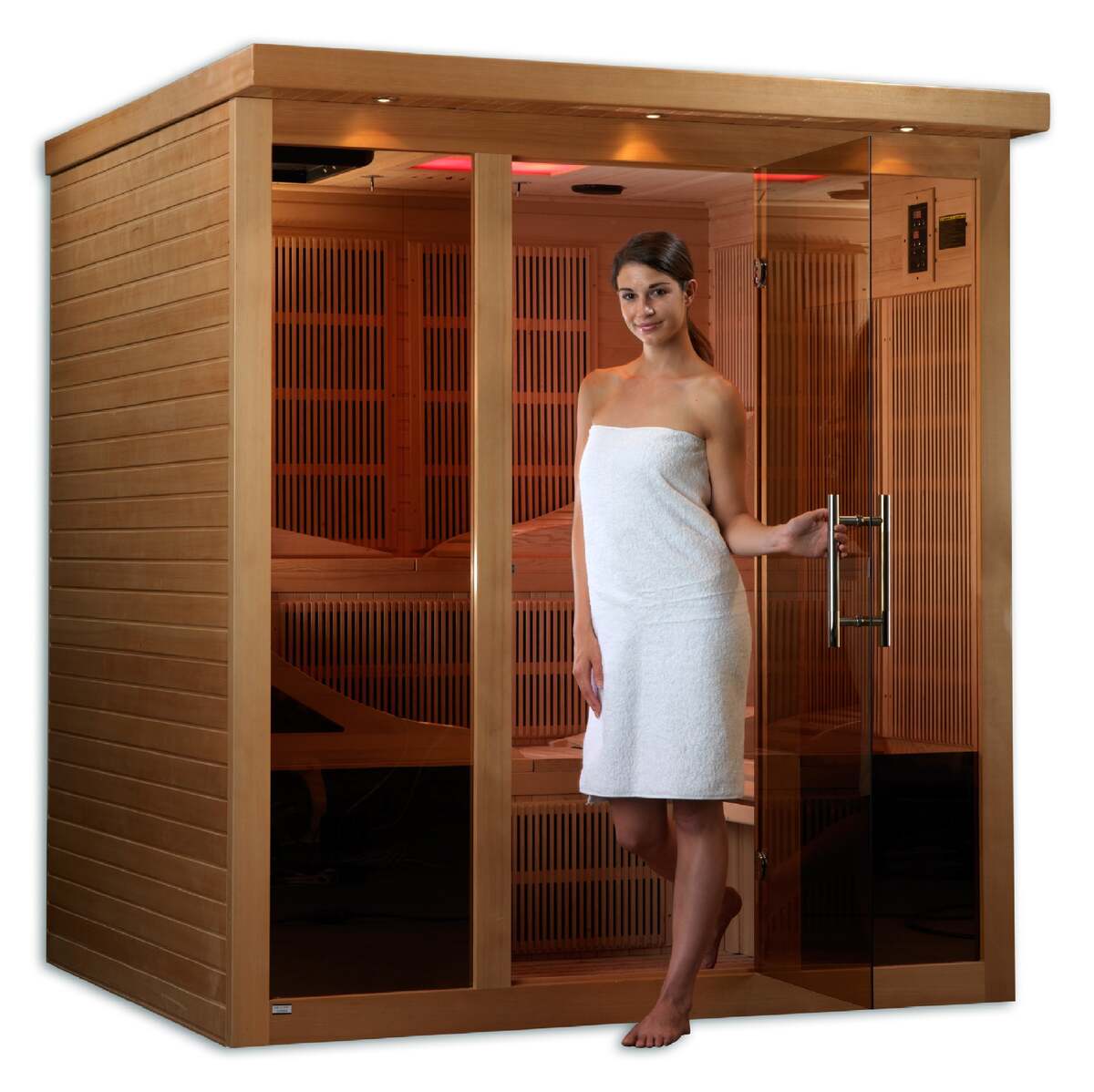 Woman stepping out of a Recosauna Monaco near-zero EMF far-infrared cedar sauna