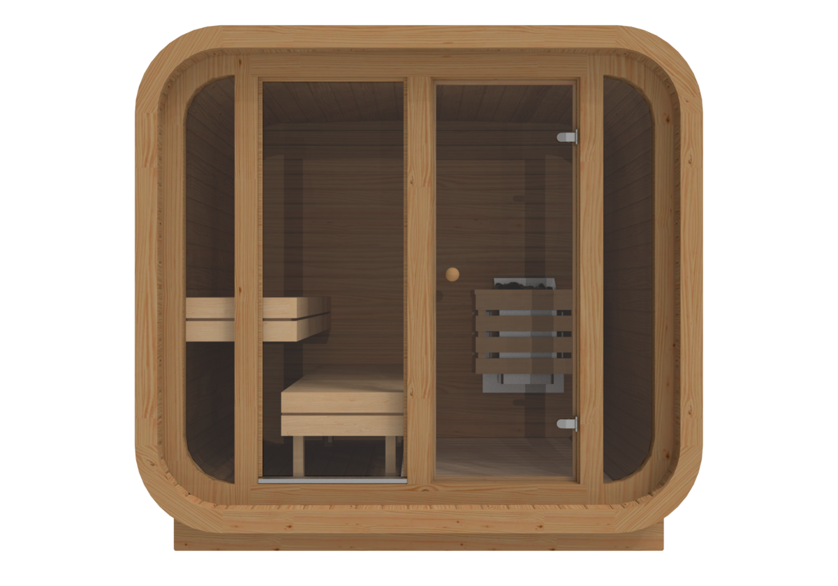 Recosauna Sisu Square indoor traditional Finnish sauna in Thermowood with L-shaped benches