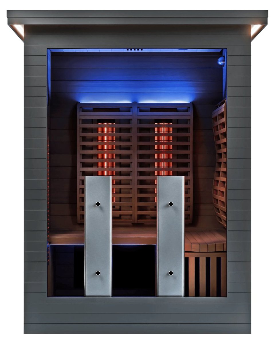 Sun Home Luminar outdoor full-spectrum infrared sauna, front view with glowing infrared heaters