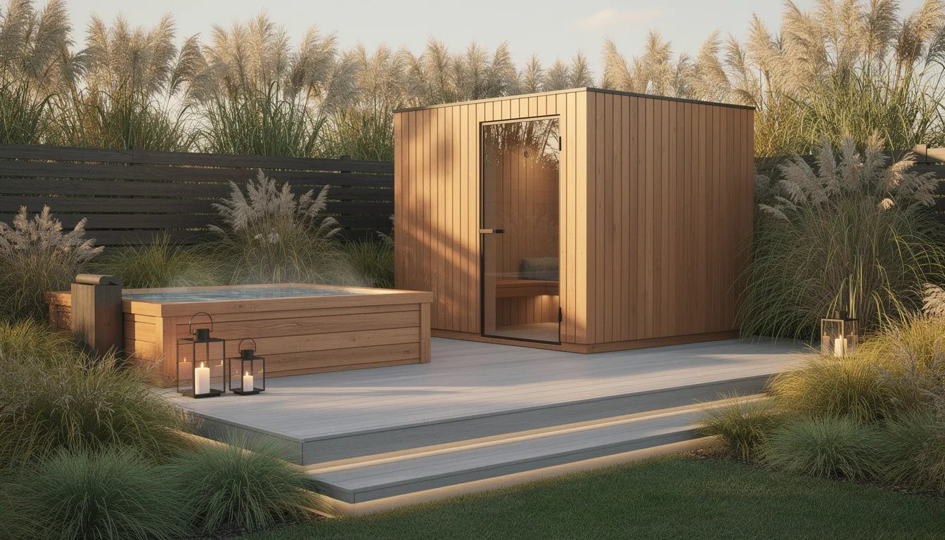 Outdoor full-spectrum infrared sauna cabin in a backyard