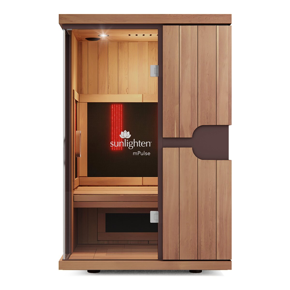 Sunlighten mPulse Believe infrared sauna cabin in eucalyptus wood